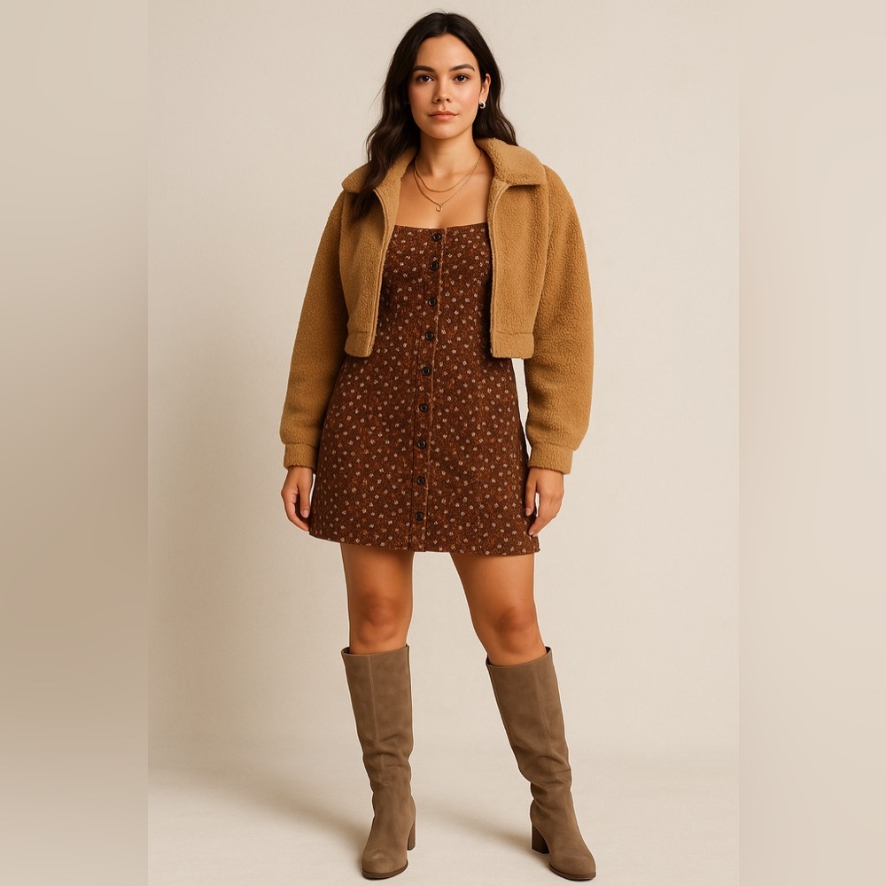 Free People Clementine Corduroy Mini Dress Brown Floral Puff Sleeve Size 10 NWT - Picture 13 of 13